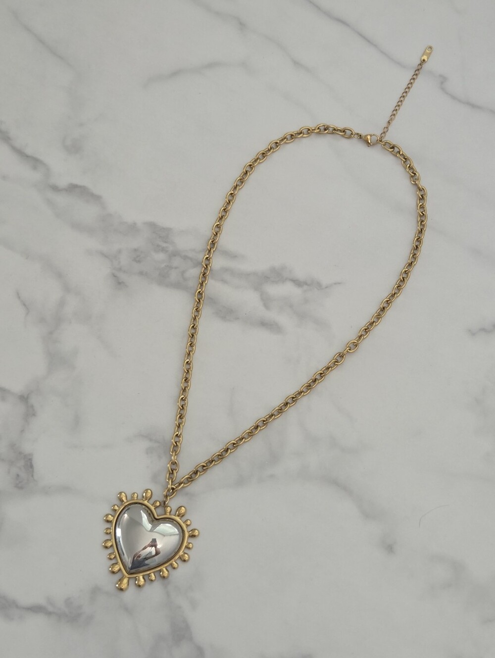 Two Tone Puffy Heart Pendant Statement Necklace - Picture 5 of 16